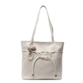 Borsa tote minimalista in pelle bianca lucida con elegante ciondolo di perle e fiocco - con portachiavi / Bianco avorio