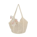 Elegante bolso tote de ganchillo crema con un lazo decorativo de encaje floral rosa - Blanco Roto