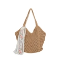 Bolso tote de paja tejido a mano en marrón claro con pañuelo de encaje bordado floral - Caqui