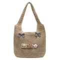 Süße beige Strohtasche mit karierten Schleifen und Plüschbär-Anhängern für den Sommer - Schleifendekoration (5758193541799) / Gebrochenes Weiß