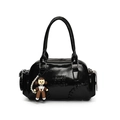Glossy black bowling bag with double handles and embossed LOUIE DXM LEATHER logo - Black with Pearl Doll Charm