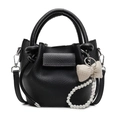 French style black lychee grain bucket bag with pearl and bow charm accessories - Black With Bow Pearl Charm