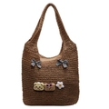 Braune gewebte Strohtasche mit schwarz-weißen Schleifen und niedlichen Bären-Aufnähern - Schleifendekoration (5758193541800) / Khaki