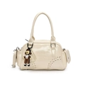 Creamy white bowling bag with embossed logo, pearl strap and cute doll pendant - White With Pearl Girl Charm