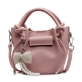 Pink lychee grain leather bucket bag with knotted handle and pearl bow charm detail - Pink With Bow Pearl Charm