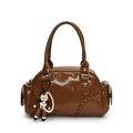 Brown glossy faux leather bowling bag with vintage embroidery and a cute pearl charm - Brown With Pearl Girl Charm