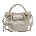 Cream lychee textured bucket bag with decorative plaid bow and pearl chain handle - Beige With Bow Pearl Charm