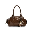 Glossy dark brown Boston bowling bag with embossed logo and pearl charm accessory - Coffee With Pearl Girl Charm