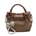 Brown lychee leather bucket bag with knotted handle and pearl bow charm detail - Khaki With Bow Pearl Charm