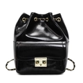 Glossy black drawstring bucket backpack with gold metal chain and quilted pocket detail - Black