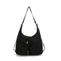 Borsa a spalla in nylon nero con tasche multiple e cerniere argentate lucide - Nero