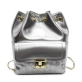 Metallic silver drawstring bucket bag with gold lock front pocket and chain straps - Silver