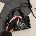 Chic black Boston bag with 3D dessert embossment and elegant pink checkered ribbon - Black (Without Charm)