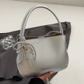 Silver metallic PU bucket bag with CLEARUK branding and beaded heart charms - Silver (With Bow & Key Charm)