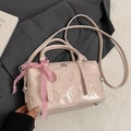 Pink Boston bag with cartoon embossing, plaid ribbon handles and slim shoulder strap - Pink (No Charm)