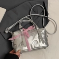 Silver metallic Boston bag with embossed graffiti patterns and pink ribbon handle bow - Silver (No Pendant)