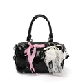 Glossy black Boston bag with 3D embossed cute patterns and lace pearl charms - Black (With Lace Pearl Bow)
