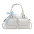 Weiße französische Boston-Tasche mit karierter Schleife und Spitze für Damen - Gebrochenes Weiß
