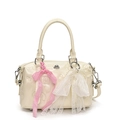 Creamy white patent leather Boston bag with bow accents and decorative pearl charms - Cream White (With Lace Pearl Bow)