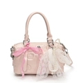 Pink faux leather Boston bag with animal embossing, plaid bow and pearl lace charm - Pink (With Lace Pearl Bow)