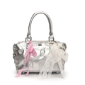 Silver metallic Boston handbag with embossed cat patterns and pink ribbon charm - Silver (With Lace Pearl Bow)