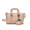 Elegant beige pebbled leather square handbag with top handle and heart charm pendant - Dusty Pink (With Matching Heart Pendant)