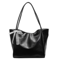 Black large capacity soft leather tote bag featuring a white lace bow decoration - Black