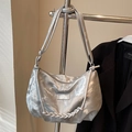 Silver metallic hobo tote bag with cloud texture and braided handle strap - Silver - No Charm