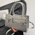 Silver metallic small square handbag with bow accent and crossbody strap for women - No Pendant / Silver