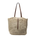 Handmade woven raffia tote bag with brown leather straps and hollow out design - Off White