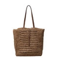 Handcrafted straw tote bag with brown leather straps and geometric cutout weaving - Khaki