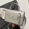 Minimalist silver square crossbody bag with metallic textured finish and top handle - No Pendant / Silver