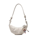 White crescent horn bag in lychee pattern with decorative pearl and cartoon girl charms - White