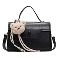 Minimalist black wrinkled crossbody bag featuring a cute beige plush bear charm and handle - Bear Charm With Knot / Black