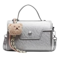 Silver wrinkled faux leather small square handbag with a cute plush bear charm - Bear Charm With Knot / Silver