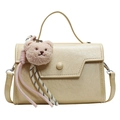 Chic beige crossbody bag in lychee texture PU leather with a cute teddy bear charm - Bear Charm With Knot / Yellow