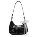 Chic black crescent underarm bag with lace bow, pearl chain and metal buckle detail - Black With Pearl Bow Heart