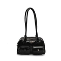 Glossy black PU leather underarm bag with retro pockets and silver heart detail - Black