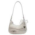 White crescent underarm bag with leather bow and pearl lace pendant on white background - White + Lace Pearl Bow Heart