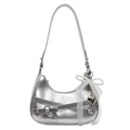 Silver metallic dumpling bag with bow design and elegant pearl heart charm pendant - Silver + Lace Pearl Bow Heart
