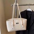 Cream white underarm tote bag with embossed cartoon bear and rabbit pattern in soft PU leather - Off White