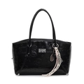Black Korean style tote bag with embossed cartoon bears and silver tennis racket charm - Black (With Ornament)