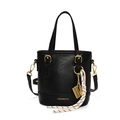 Minimalist black bucket bag with gold hardware and woven rope charm detail - Black