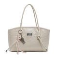 Cream white tote bag featuring embossed cartoon bears and a metal tennis racket charm - Off White (With Charm)