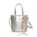 Silver bucket bag with golden hardware and colorful tassel charm on white background - Silver