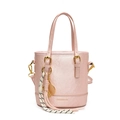 Minimalist light pink bucket bag with gold hardware and tennis racket pendant detail - Pink