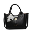 Elegant black lychee texture bucket bag with gold lock and pearl lace bow charm - No Pendant / Black