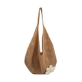 Borsa tote in rete intrecciata marrone con dettaglio margherita bianca e capiente - Cachi