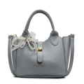 Light blue-grey lychee pattern bucket bag with pearl lace bow charm and gold buckle - No Pendant / Blue