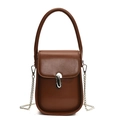 Brown leather crossbody phone bag with silver chain and metal U-shaped buckle closure - Brown